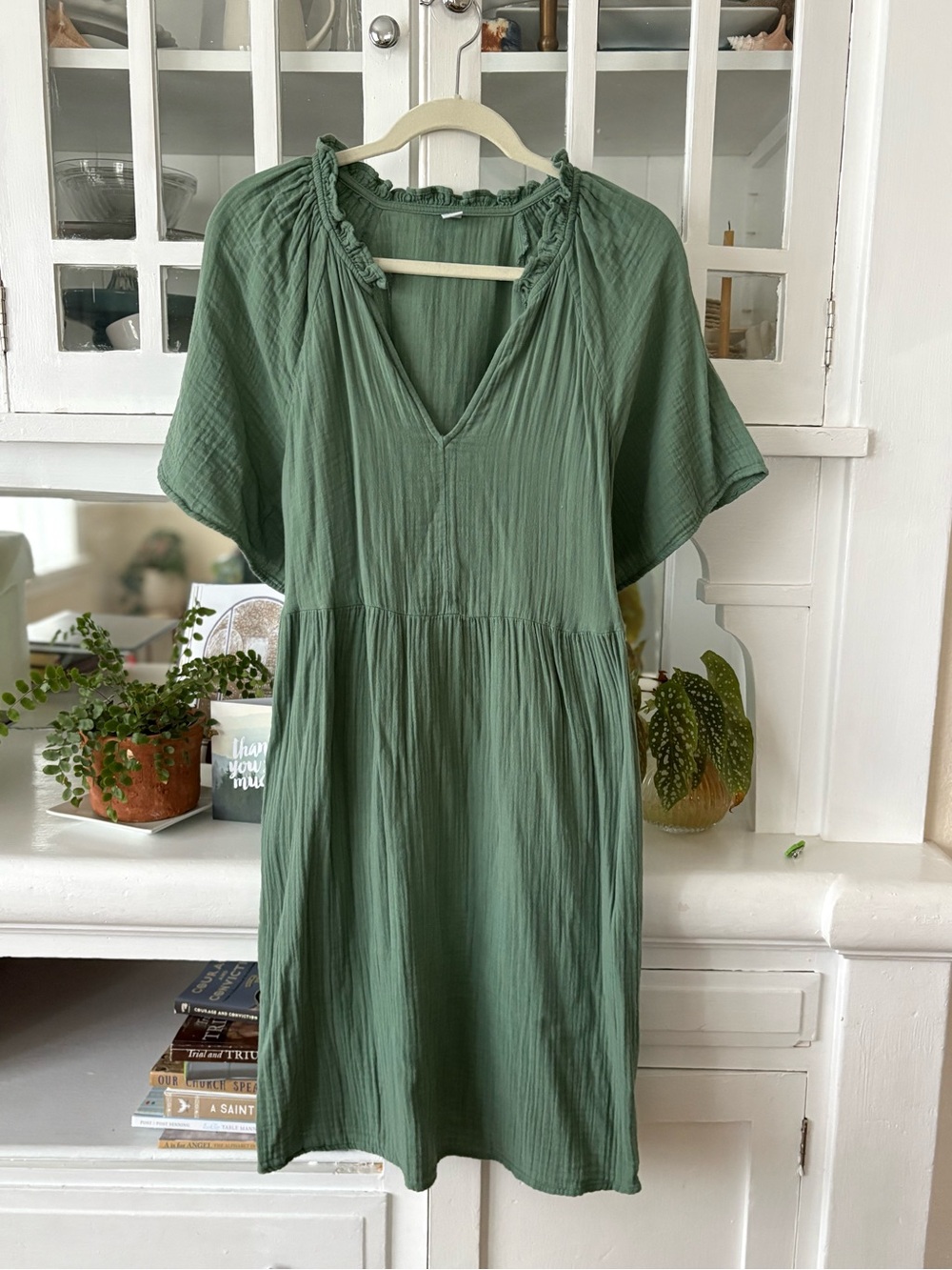 Old Navy Sage Green Ruffled Neck Dress